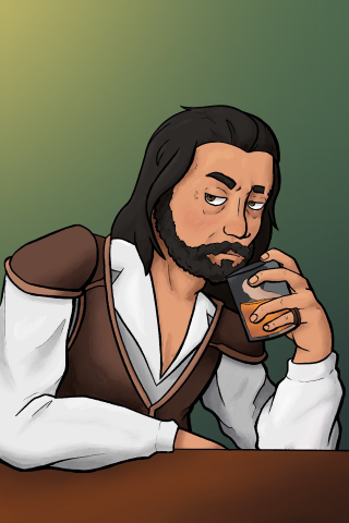Digital illustration of a man drinking alcohol.